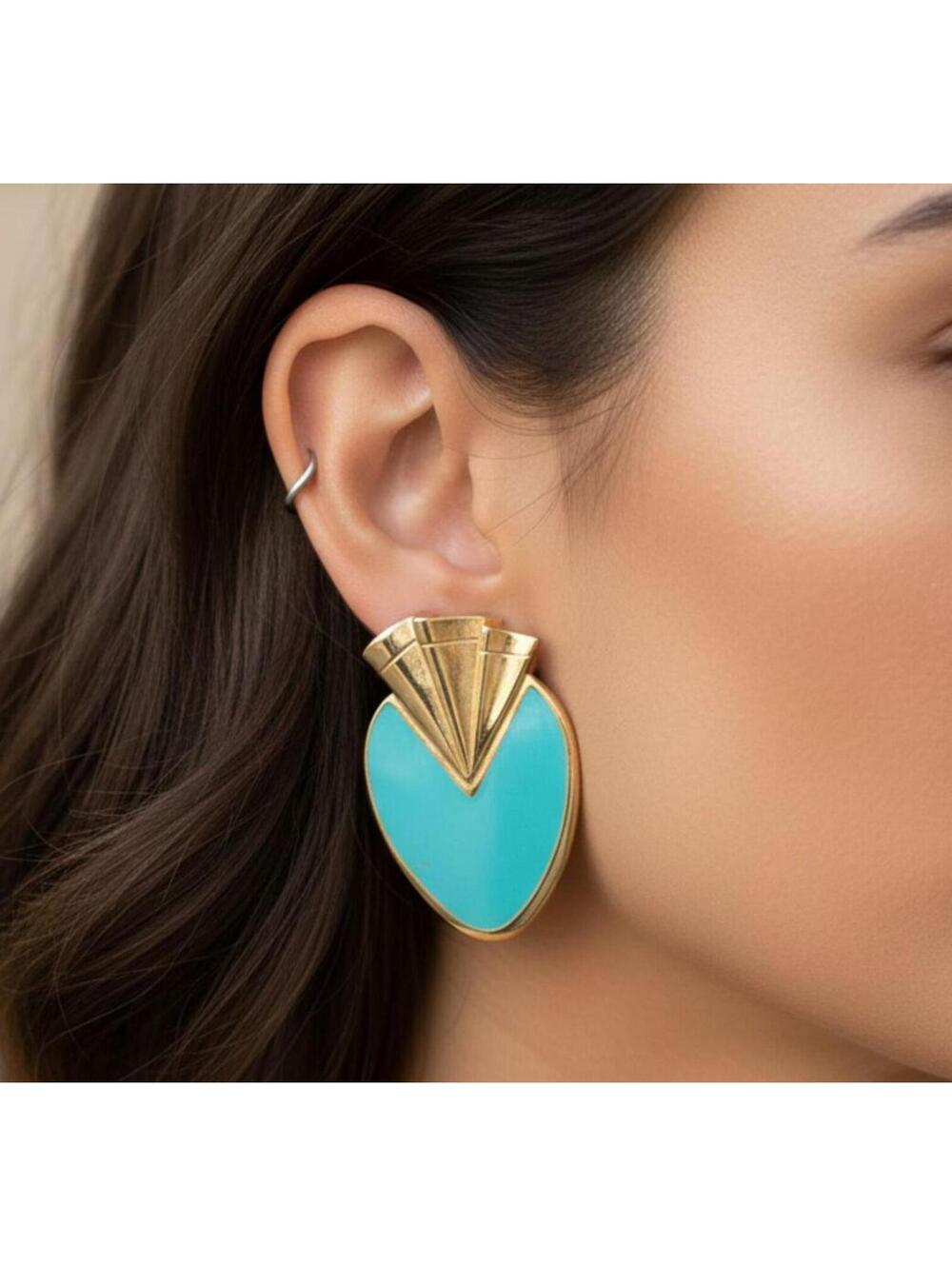 EARRINGS VTG 1980's Art Deco Turquoise Enamel 1.5" Gold Tone Post